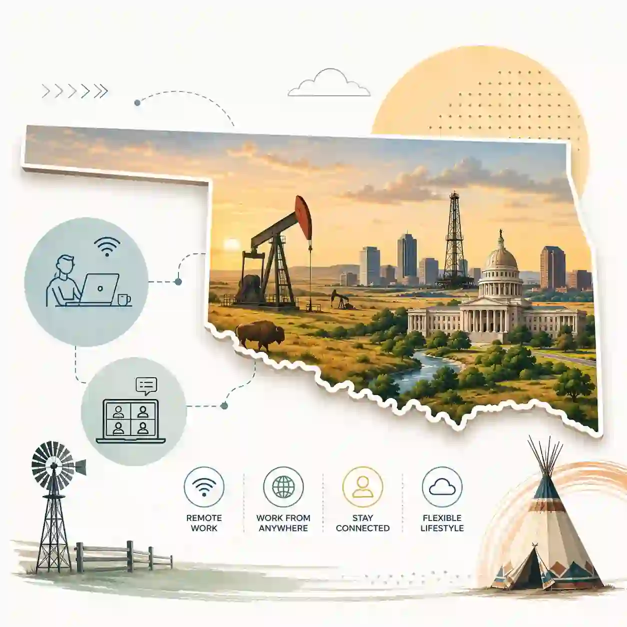 Oklahoma state map with icons for mobile, office, remote team and call center connected to a central phone pin
